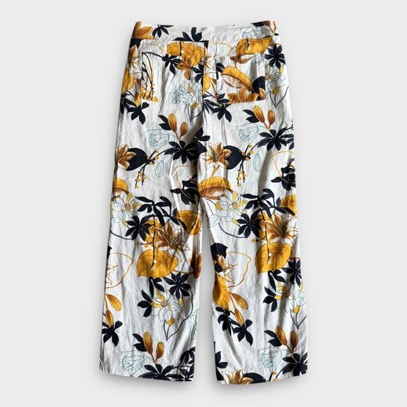 CHICO'S FLORAL LINEN BLEND PULL-ON PANTS WHITE GOLD BLACK BLUE SIZE 1R US 8R - Picture 2 of 9